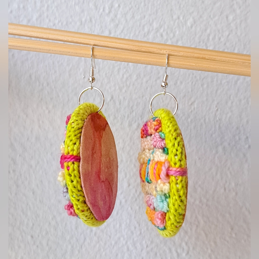 Hand Crafted Multicolor Crochet Round Earrings with Teal Star Accent - Picture 5 of 16